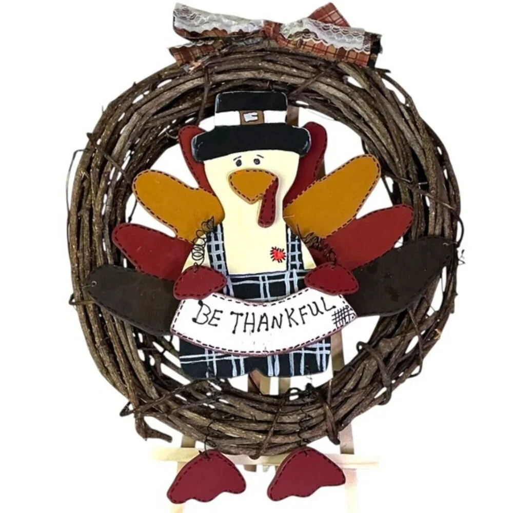 Hand Crafted Thanksgiving Turkey Wreath BeThankful Rustic Red Brown Accent 14 In